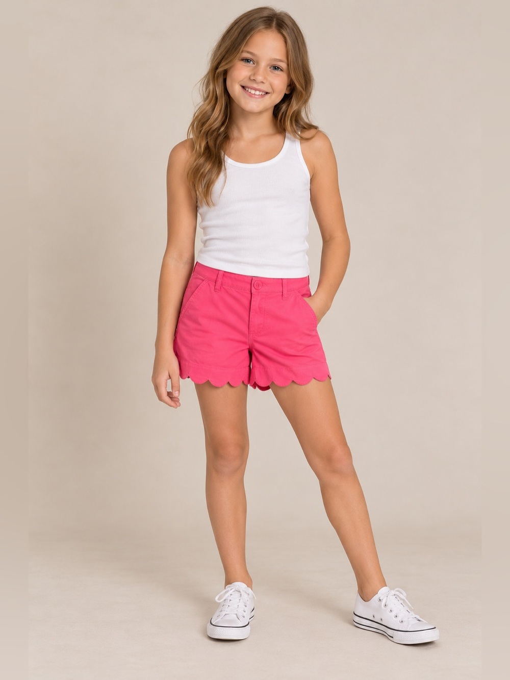 Crown & Ivy Kids Girls Size 10 Pink Scallop Hem Chino Shorts Preppy